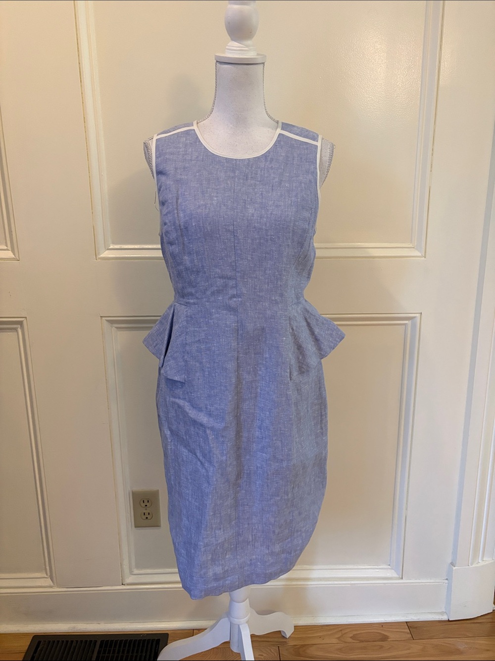 J. Crew Light Blue Chambray Sleeveless Peplum Midi Dress with White Trim